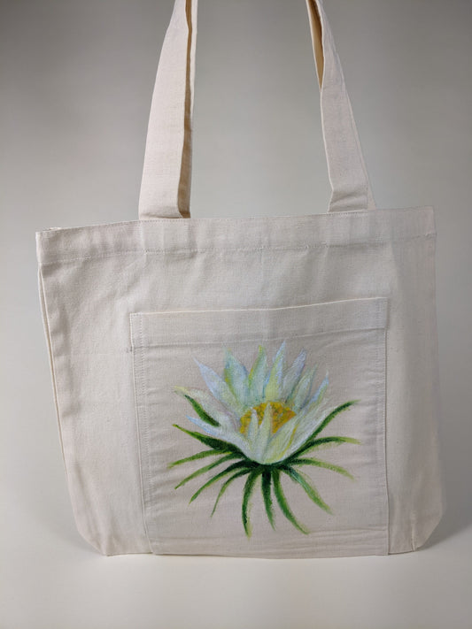 Canvas Tote Bag w/ White and Green Flower Painting by Nhien La