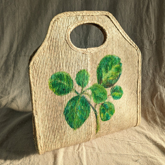 Straw Rectangular Bag w/ Painted Leaves by Nhien La