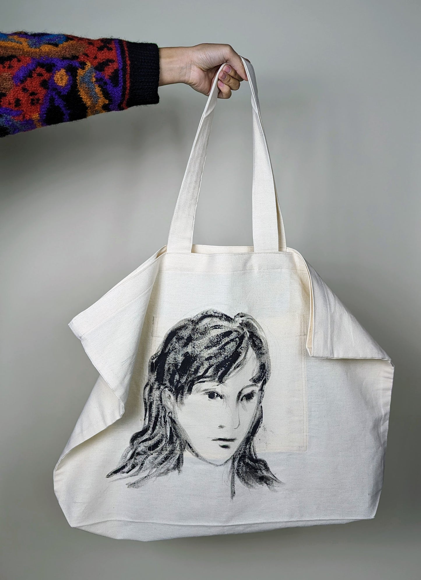 Large Canvas Tote Bag w/ Faces Painted by Nhien La