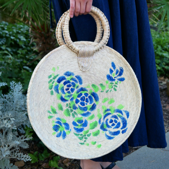 Stencil Roses Straw Bag